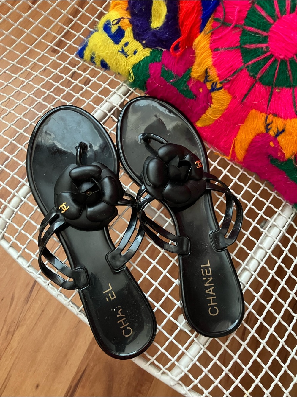 CHANEL Black Camellia Jelly Thong Sandals with Gold CC Accent